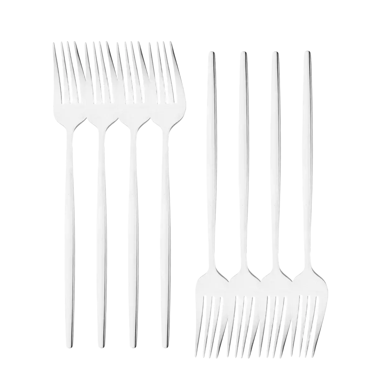 Set of six sleek rainbow stainless steel dessert forks with polished finish and minimalist design