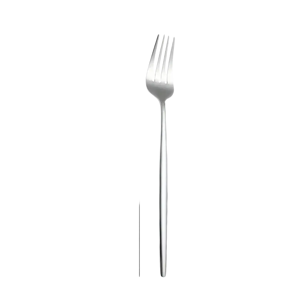 A sleek 21.5cm stainless steel dessert fork with minimalist design and four evenly spaced tines from Rainbow set