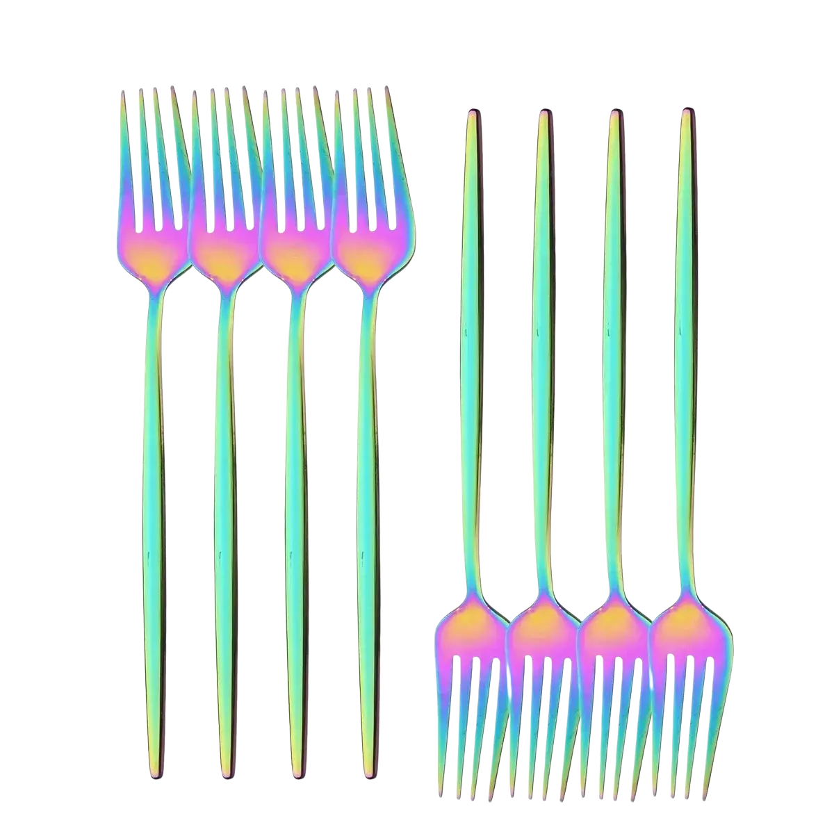 Set of ten rainbow stainless steel dessert forks with iridescent finish and sleek modern design