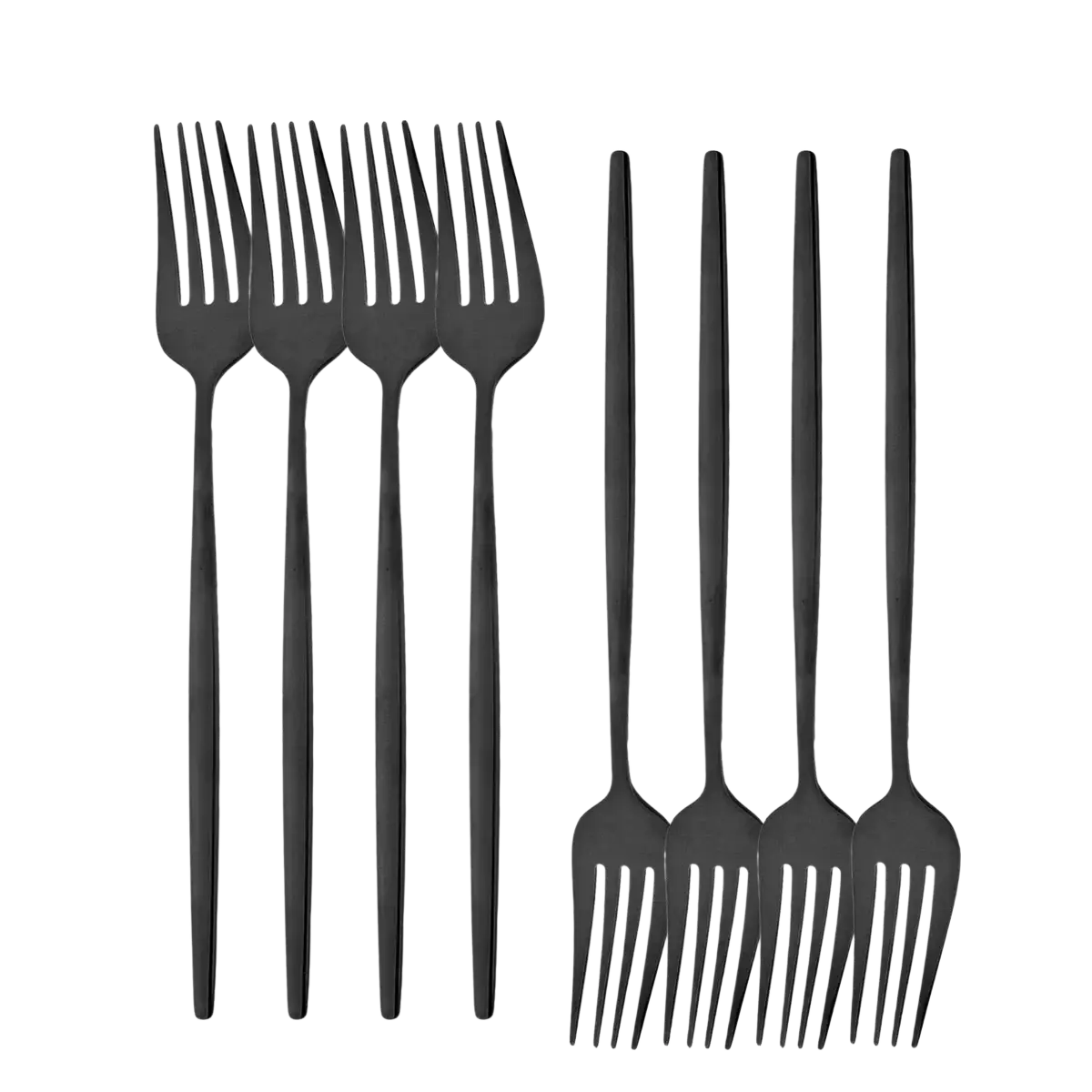 Set of ten sleek black matte-finished stainless steel dessert forks with modern minimalist design