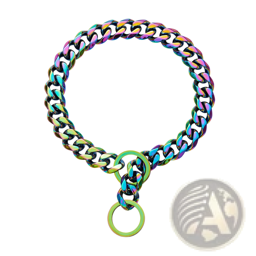 A vibrant rainbow stainless steel dog chain collar with an iridescent finish and two circular rings at the end