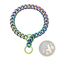 A vibrant rainbow stainless steel dog chain collar with an iridescent finish and two circular rings at the end