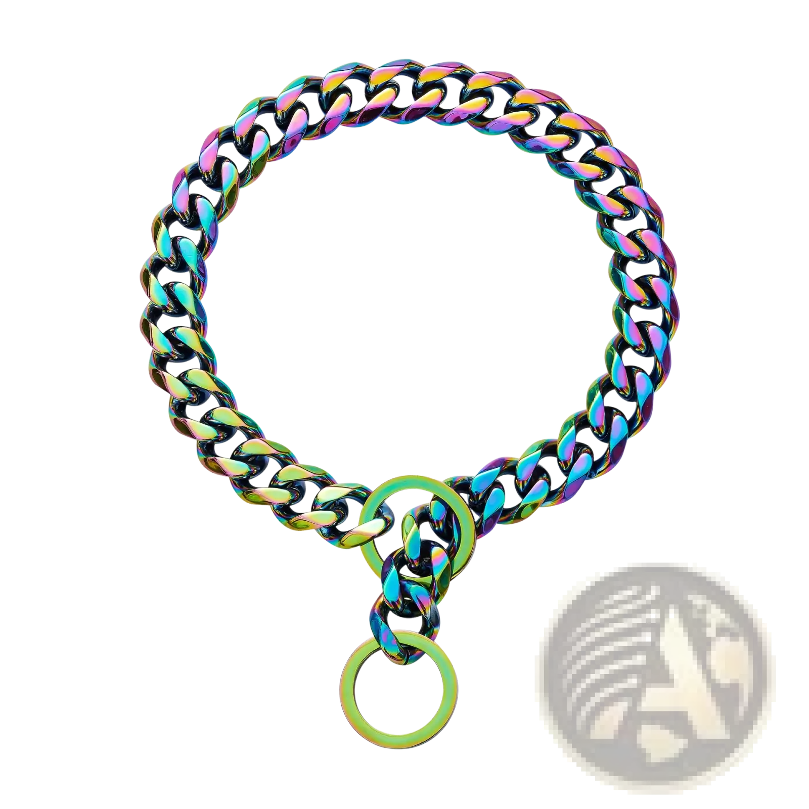 A vibrant rainbow stainless steel dog chain collar with an iridescent finish and two circular rings at the end