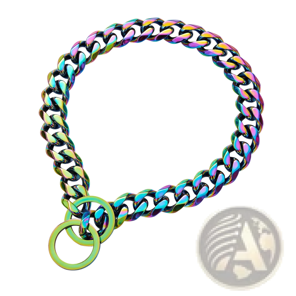 Rainbow stainless steel dog chain collar with a rainbow finish and matching green ring for secure use