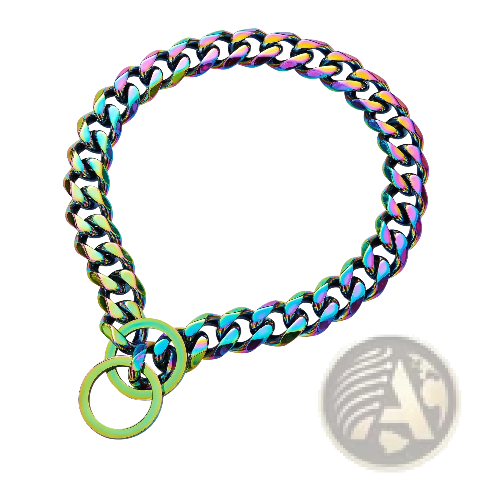 Rainbow stainless steel dog chain collar with a rainbow finish and matching green ring for secure use