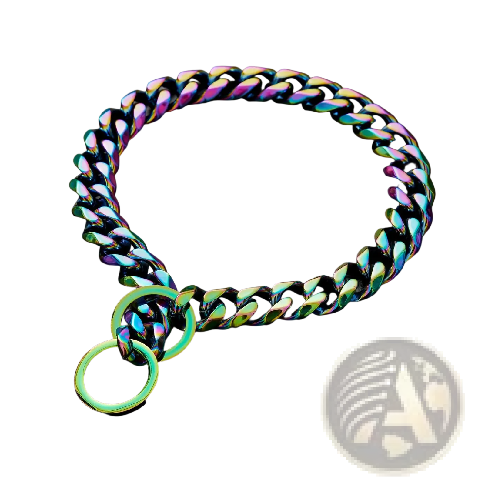 Iridescent rainbow stainless steel dog chain collar with thick chunky links and two interlocking rings