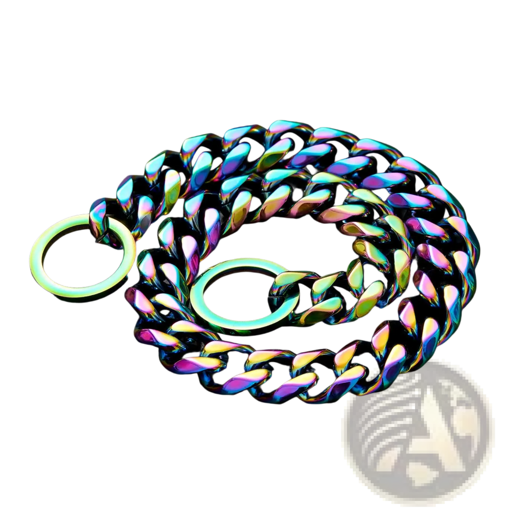 Rainbow stainless steel dog chain collar with iridescent bold thick links and matching circular rings