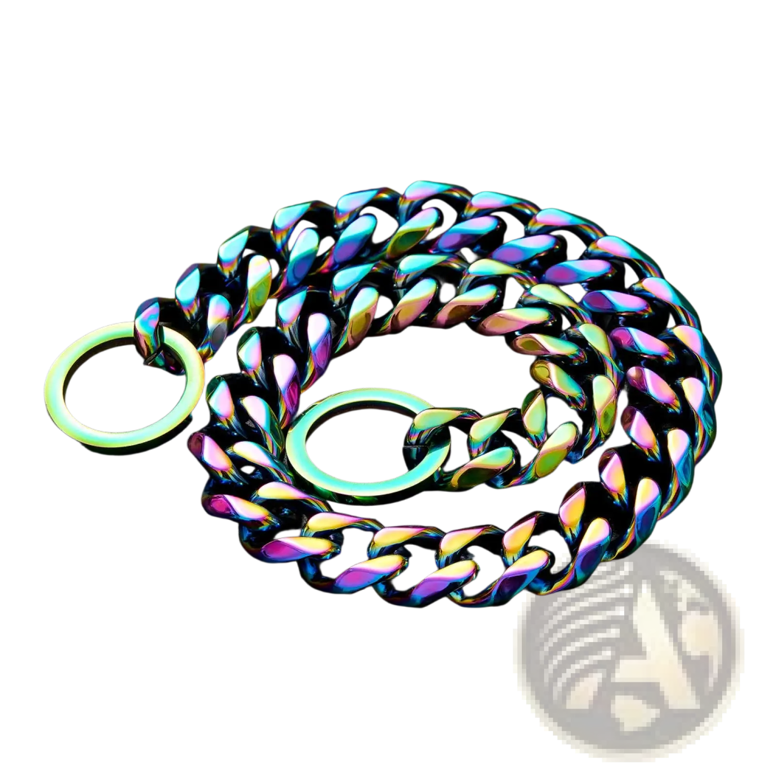 Rainbow stainless steel dog chain collar with iridescent bold thick links and matching circular rings