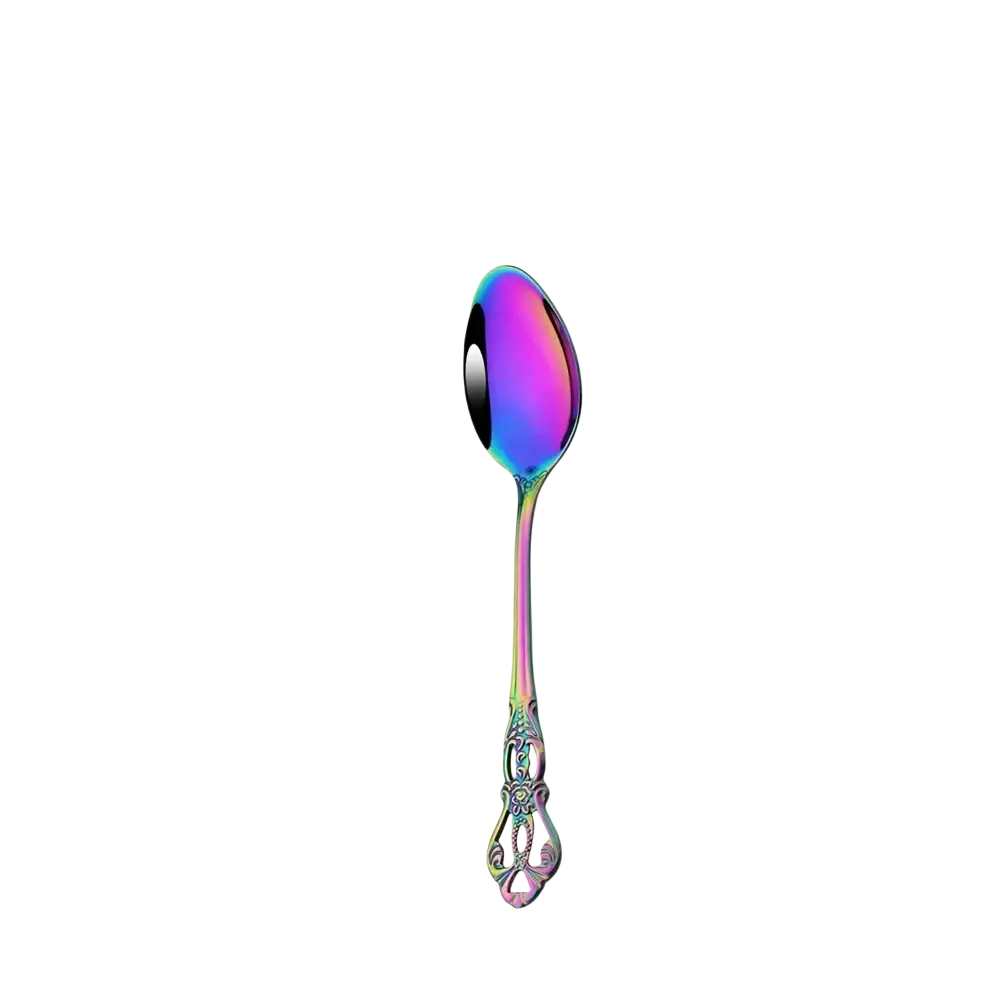 A 16.8cm 30g iridescent rainbow stainless steel dessert spoon with ornate floral detailing from the Rainbow Stainless Steel Floral Flatware Set