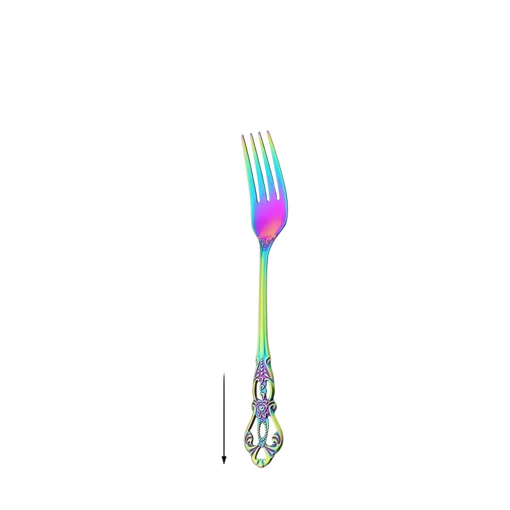 A 16.8cm iridescent stainless steel dessert fork with ornate floral engravings from the rainbow flatware set