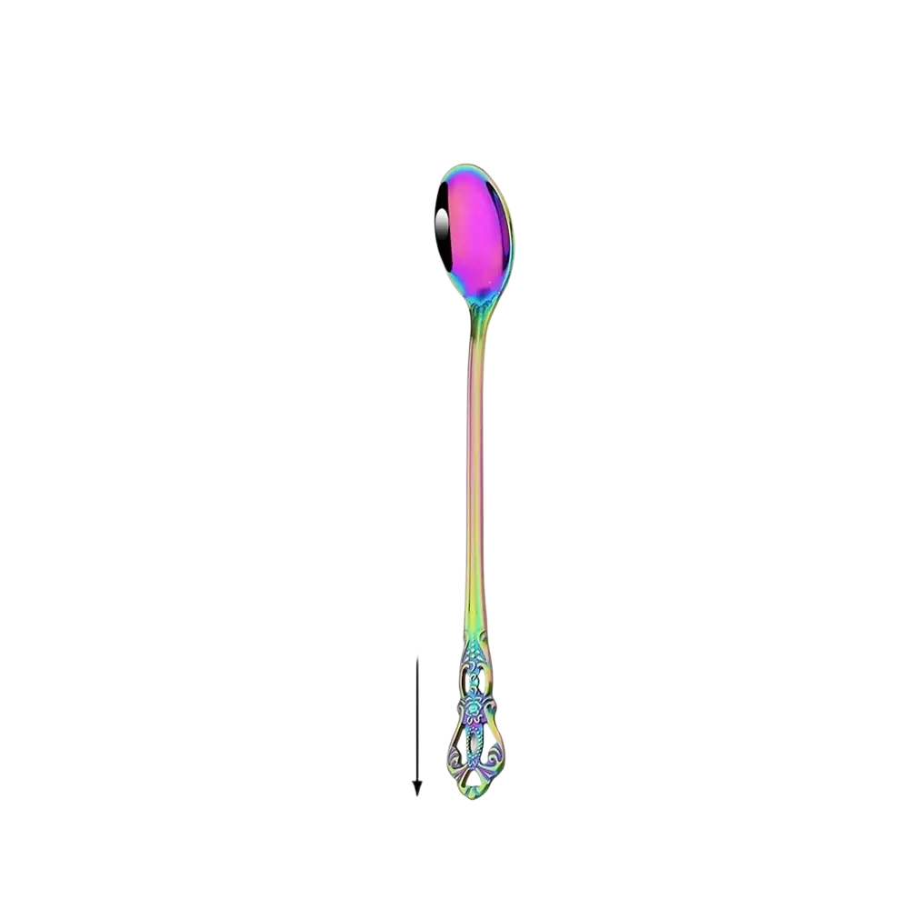 A 17.7cm rainbow stainless steel spoon with iridescent finish and ornate handle from the floral flatware set