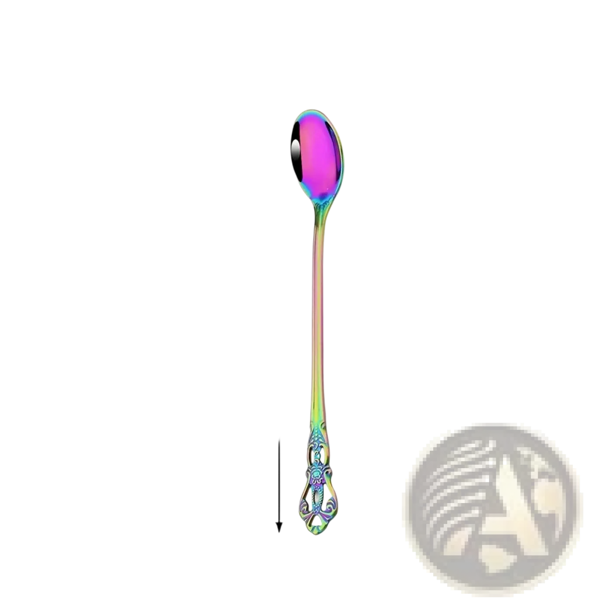 A 17.7cm rainbow stainless steel spoon with iridescent finish and ornate handle from the floral flatware set
