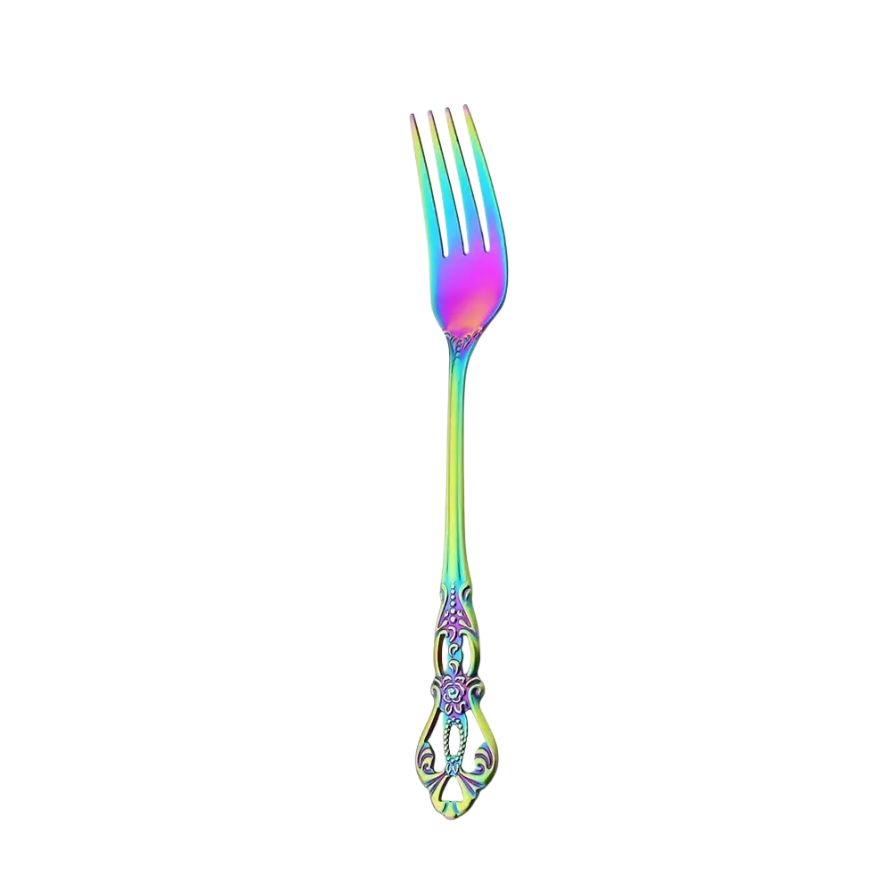A 20.7cm rainbow stainless steel dinner fork with a floral-patterned handle and sleek metallic sheen