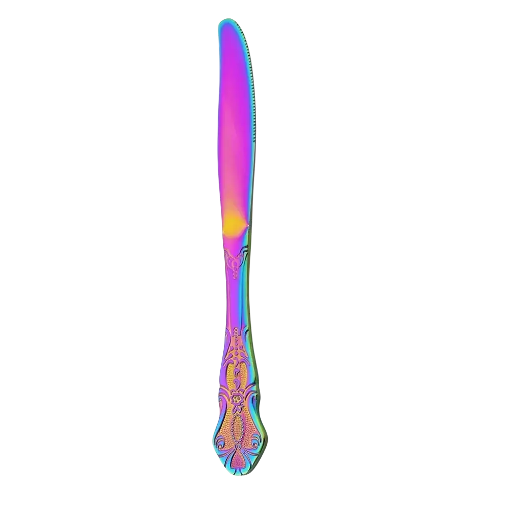 A 23cm 90g iridescent stainless steel dinner knife with vibrant rainbow finish and floral engraving from flatware set