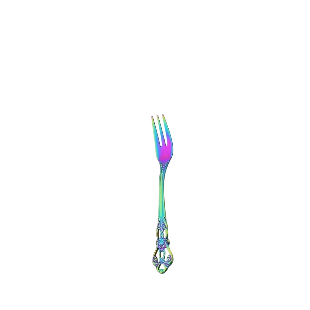 A decorative cake fork from the rainbow stainless steel floral flatware set with iridescent finish and intricate filigree handle