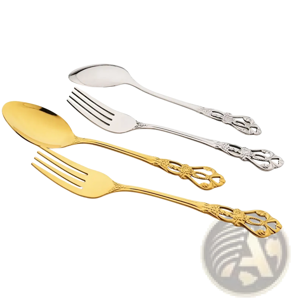 Elegant gold and silver stainless steel flatware set with ornate floral handles in vintage-inspired design