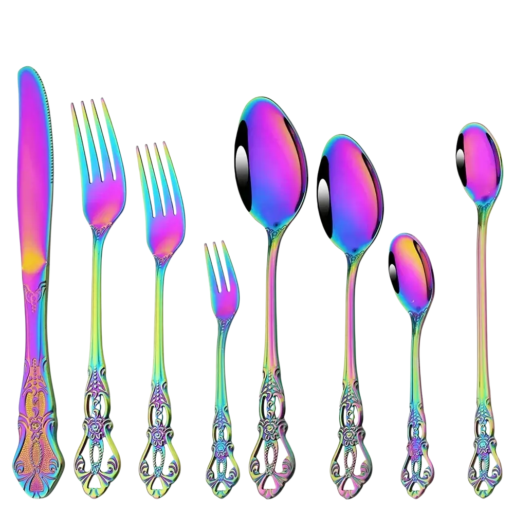 Rainbow stainless steel flatware set with iridescent cutlery and ornate floral-patterned handles with metallic finish
