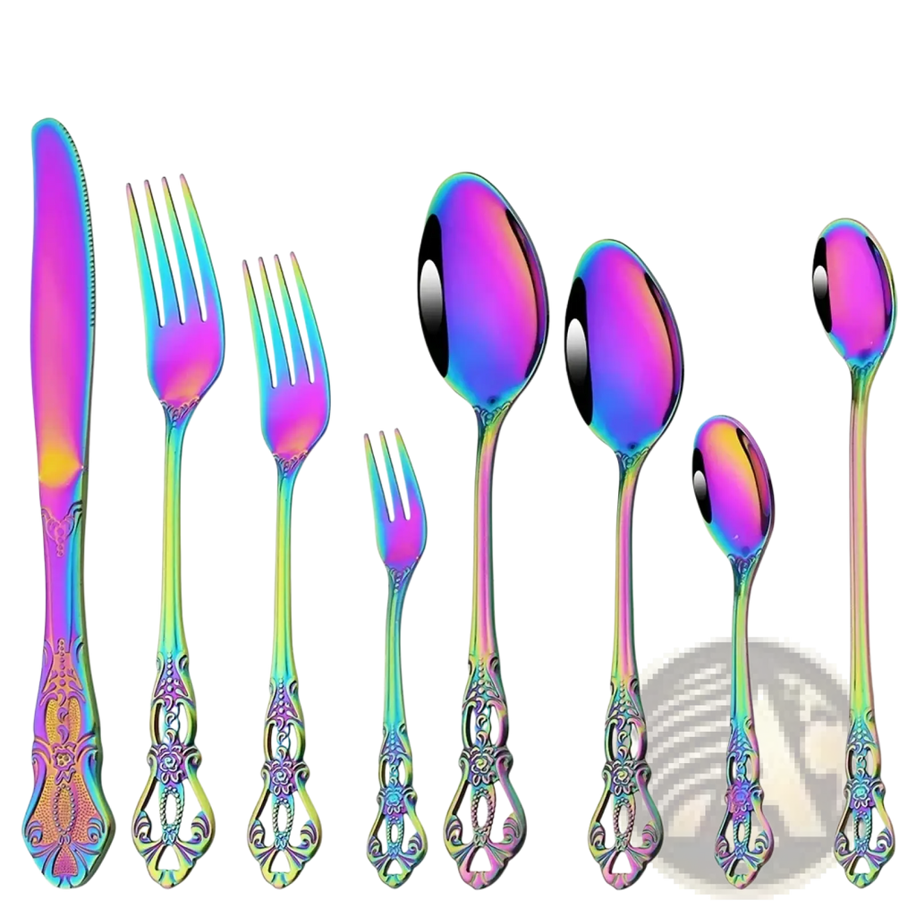 Rainbow stainless steel flatware set with iridescent cutlery and ornate floral-patterned handles with metallic finish