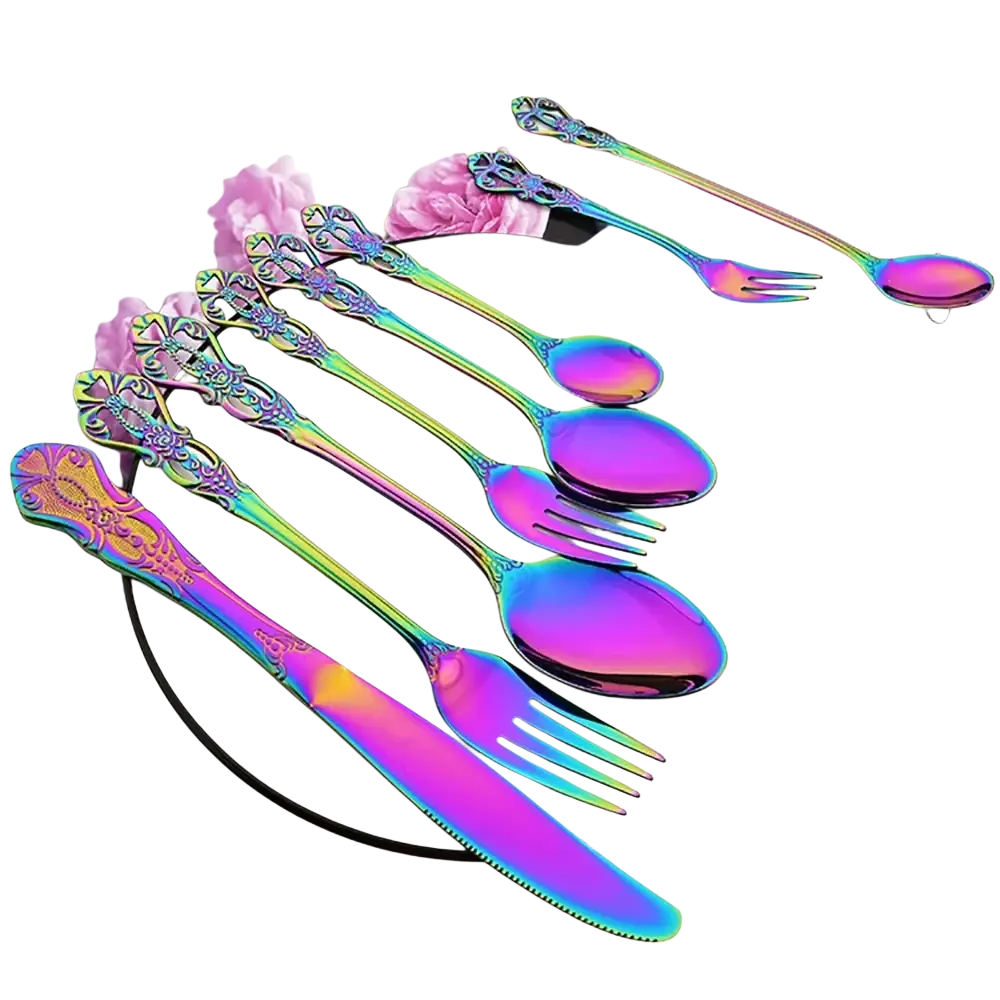 Set of rainbow stainless steel floral flatware with iridescent metallic finish and intricate handle detailing