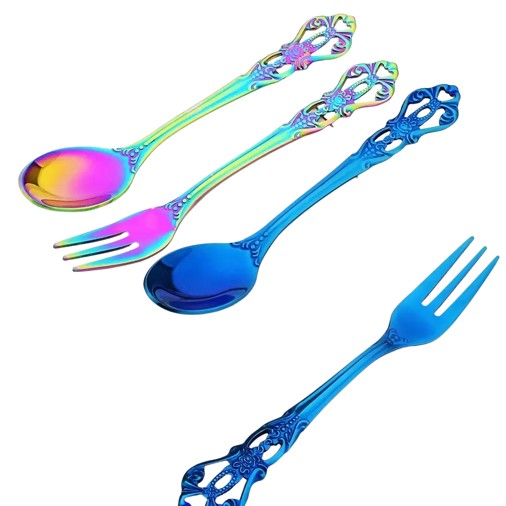 Set of ornate iridescent stainless steel spoons and forks with intricate floral handles and rainbow gradient finish