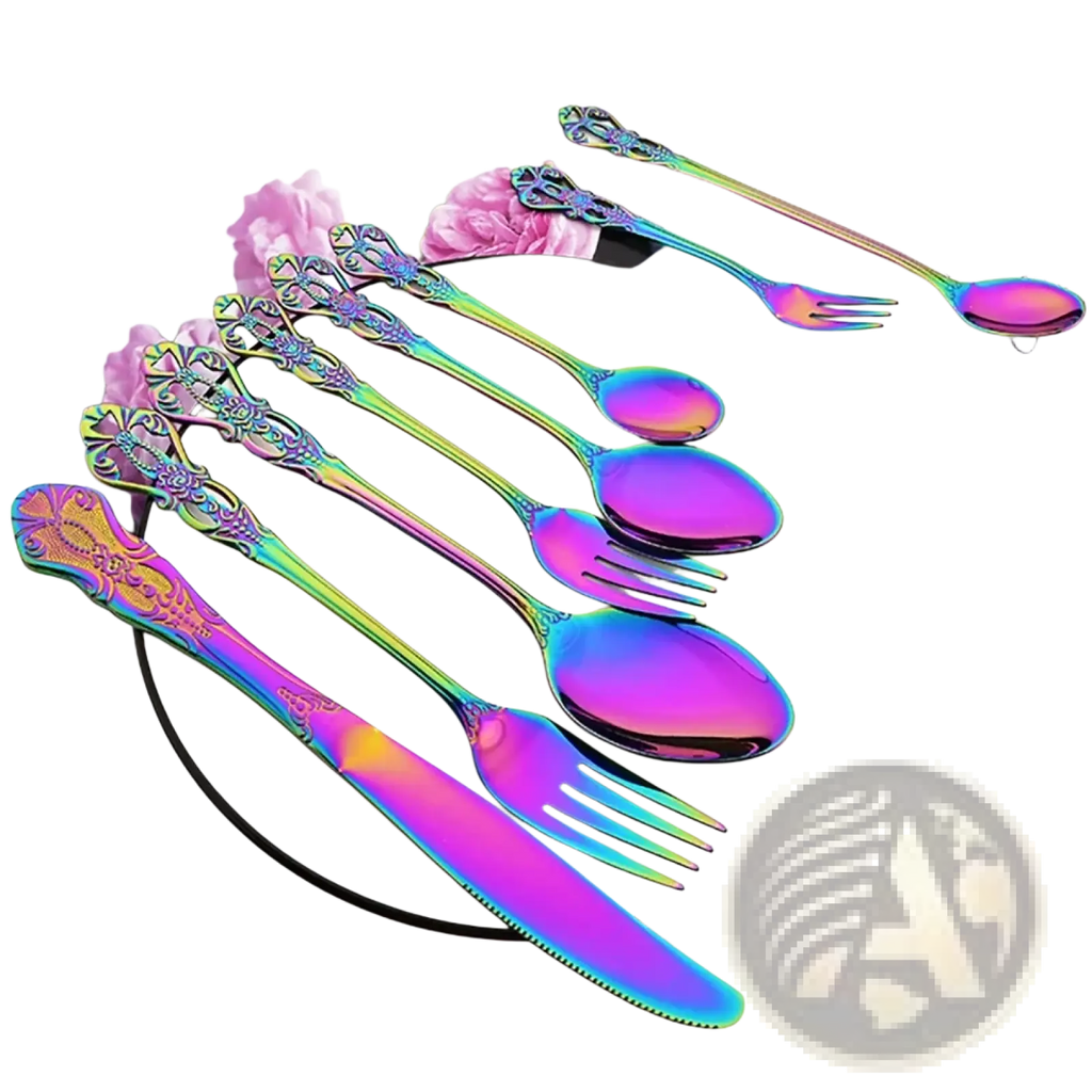 Set of rainbow stainless steel floral flatware with iridescent metallic finish and intricate handle detailing