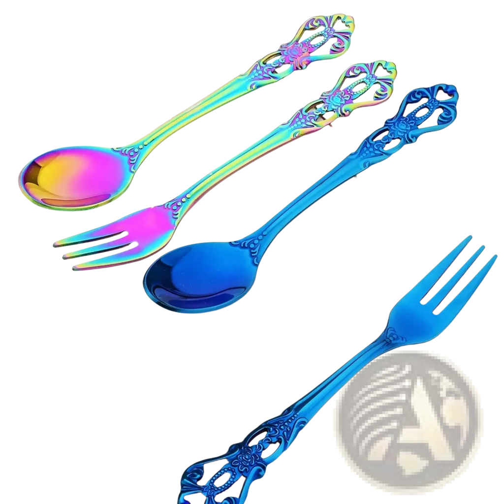 Set of ornate iridescent stainless steel spoons and forks with intricate floral handles and rainbow gradient finish