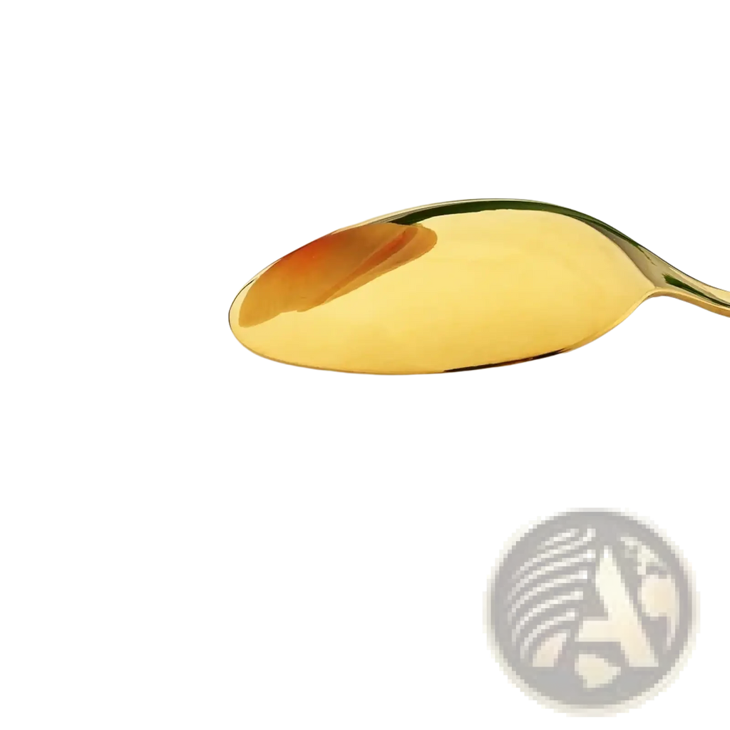 A sleek golden stainless steel spoon with polished finish next to a soft yellow tulip from rainbow floral flatware set