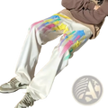 White cotton rainbow star graphic men sweatpants featuring vibrant graffiti style print with rainbow streaks and stars