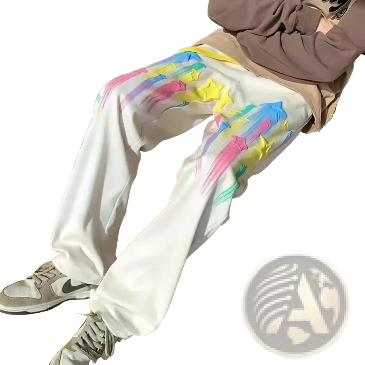 White cotton rainbow star graphic men sweatpants featuring vibrant graffiti style print with rainbow streaks and stars