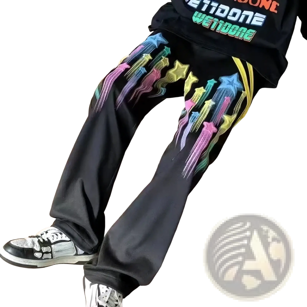 Black cotton rainbow star graphic men sweatpants featuring a vibrant rainbow-colored star and streak design
