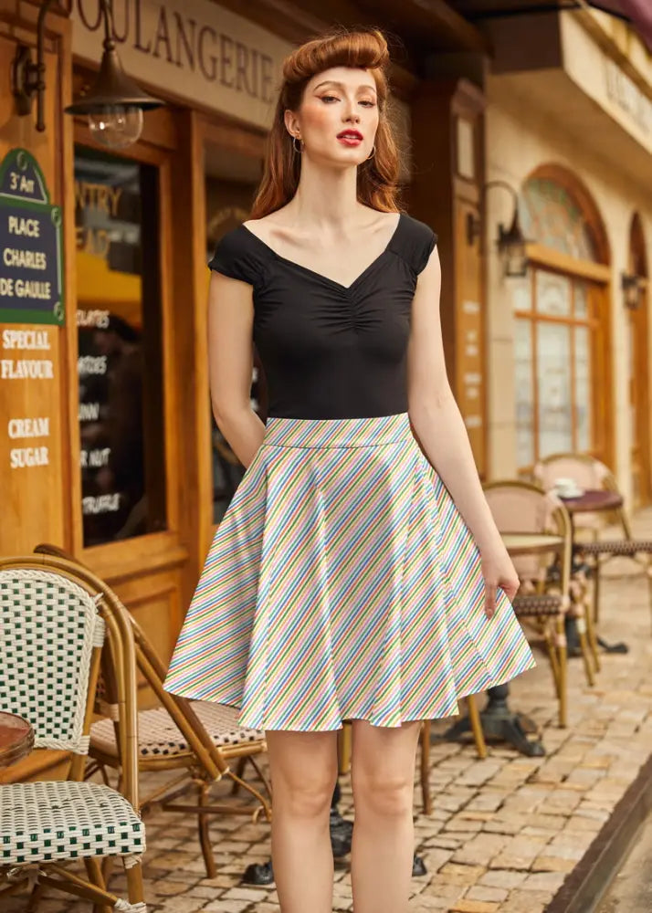 Rainbow stripe vintage cotton skater skirt with pastel diagonal stripes in light blue yellow and pink on white fabric
