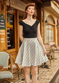Rainbow stripe vintage cotton skater skirt with pastel diagonal stripes in light blue yellow and pink on white fabric