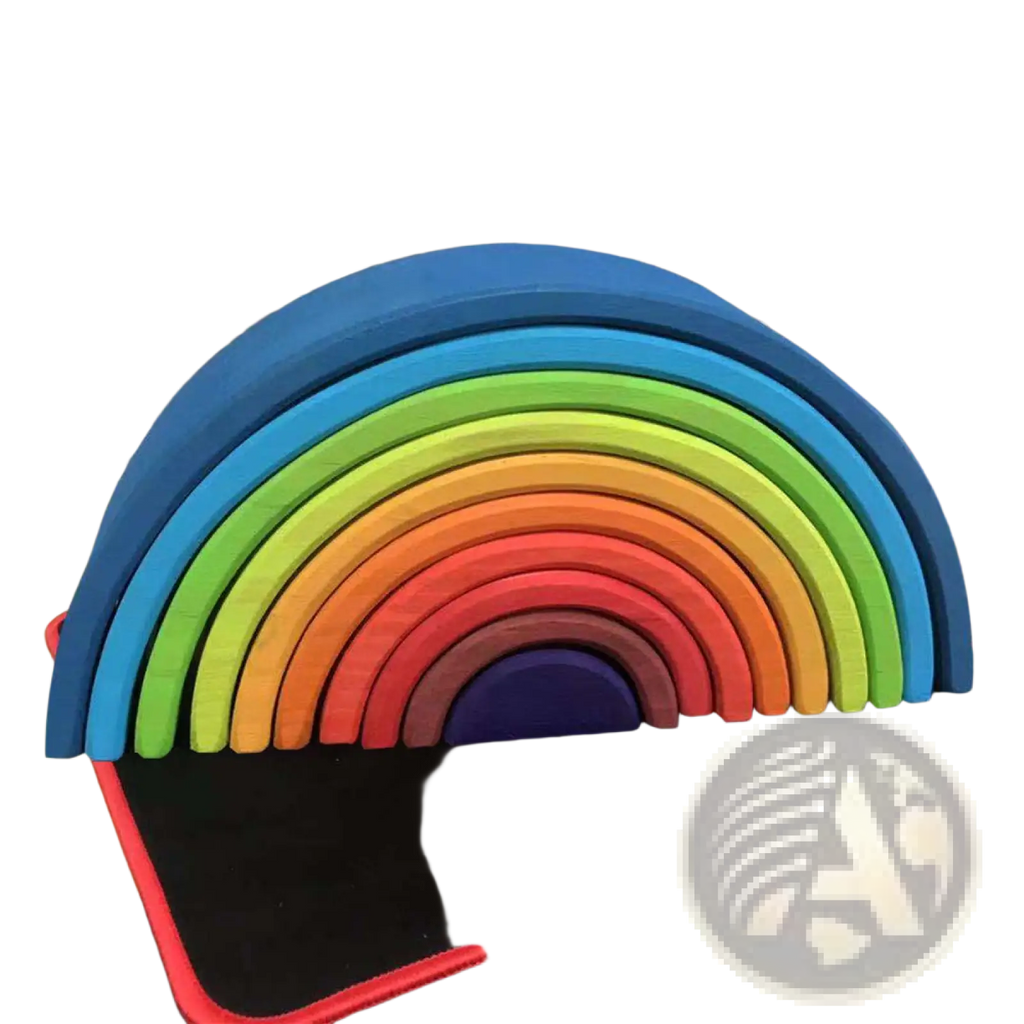 Rainbow wooden stacking arch bridge 12 piece puzzle toy with colorful smooth painted primary and secondary arcs