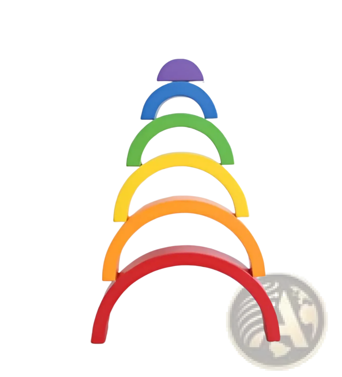 Rainbow wooden stacking arch bridge 12 piece puzzle toy featuring rainbow-colored wooden arches in a tiered formation