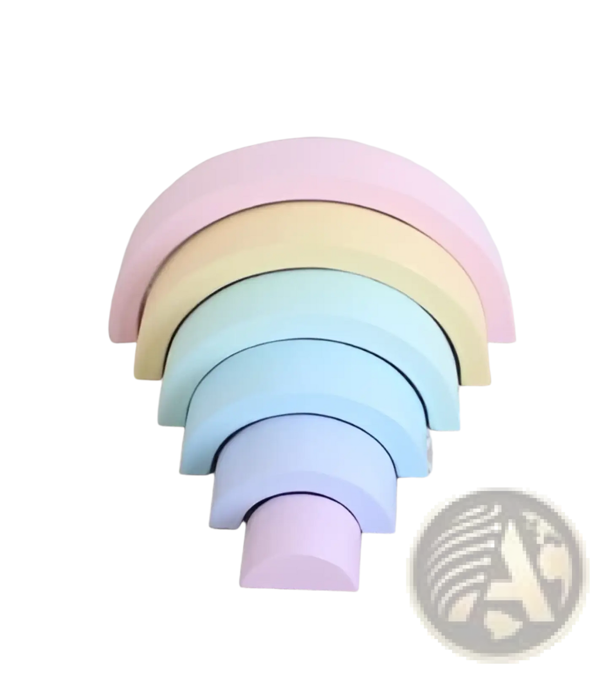 Pastel rainbow-colored wooden stacking blocks arranged in a gentle arc of the rainbow wooden stacking arch bridge toy
