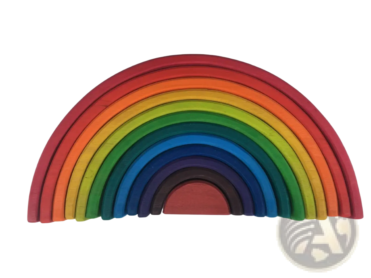 Rainbow wooden stacking arch bridge 12 piece puzzle toy featuring seven colorful classic spectrum arches