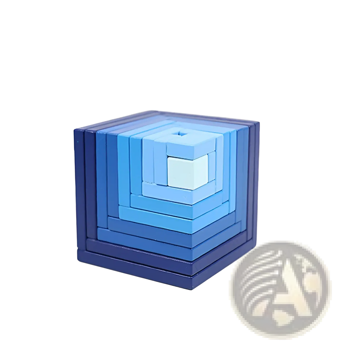 Blue gradient wooden nesting cube set complementing the rainbow wooden stacking arch bridge 12 piece puzzle toy