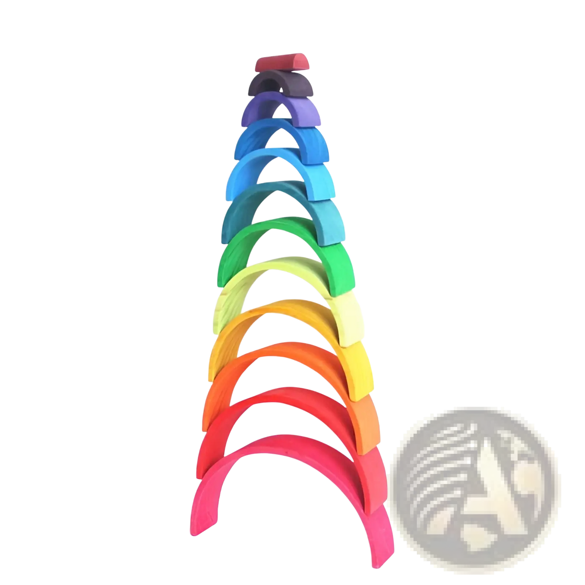 A colorful wooden rainbow stacking arch bridge 12 piece puzzle toy with smooth painted arcs from purple to pink