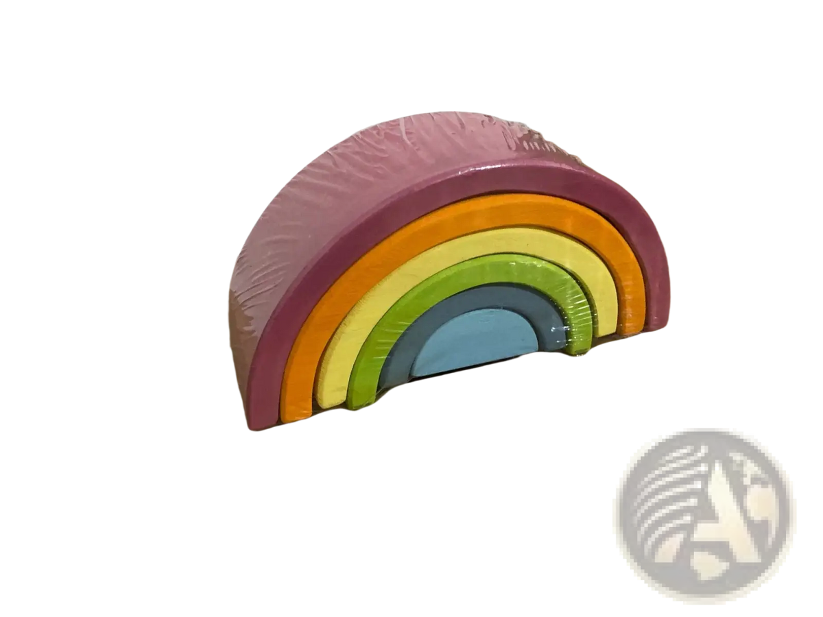 A colorful rainbow wooden stacking arch bridge toy with 12 smooth rounded pieces in vibrant pink orange yellow green blue and purple