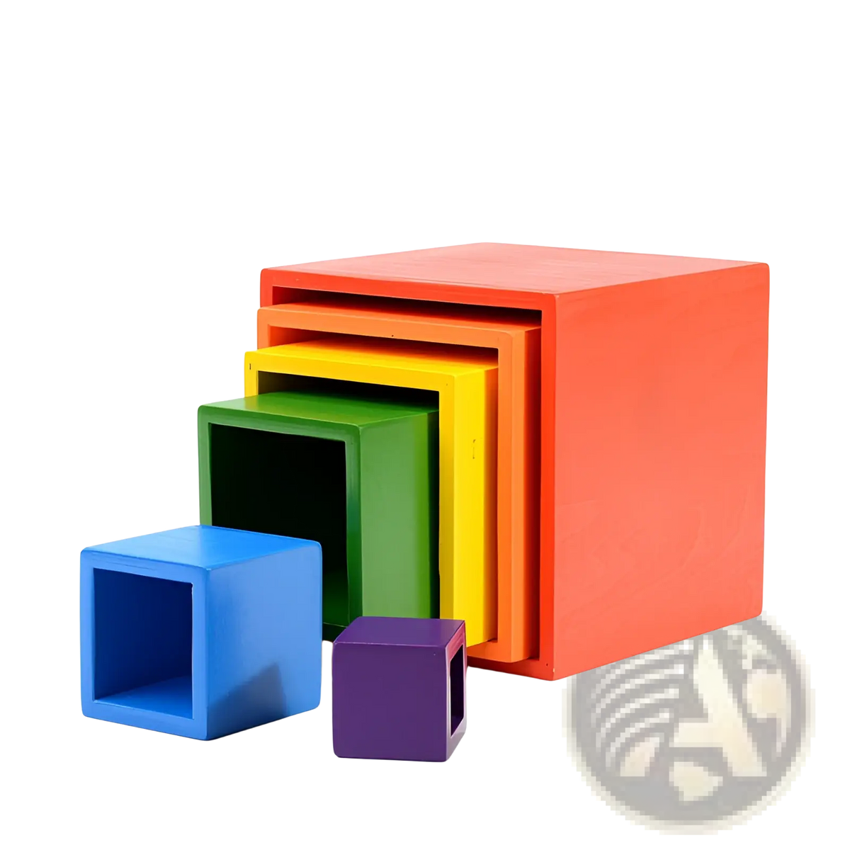 Rainbow wooden stacking arch bridge 12 piece puzzle toy featuring rainbow-colored wooden nesting cubes with glossy finish