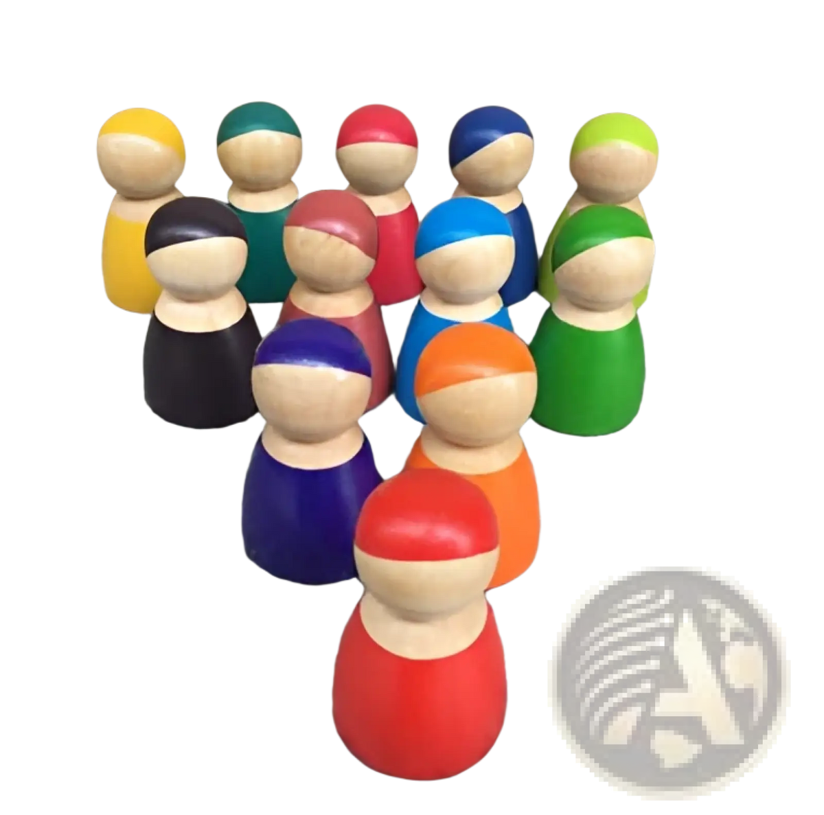 A group of colorful wooden peg dolls with painted heads and bodies in the rainbow wooden stacking arch bridge puzzle toy