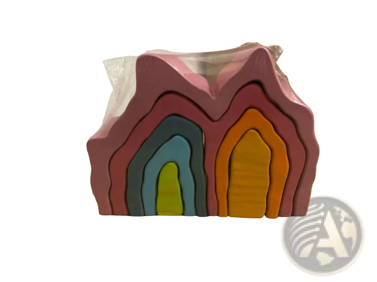 Colorful wooden stacking arch bridge toy with rainbow pastel pink blue green yellow orange and purple layers