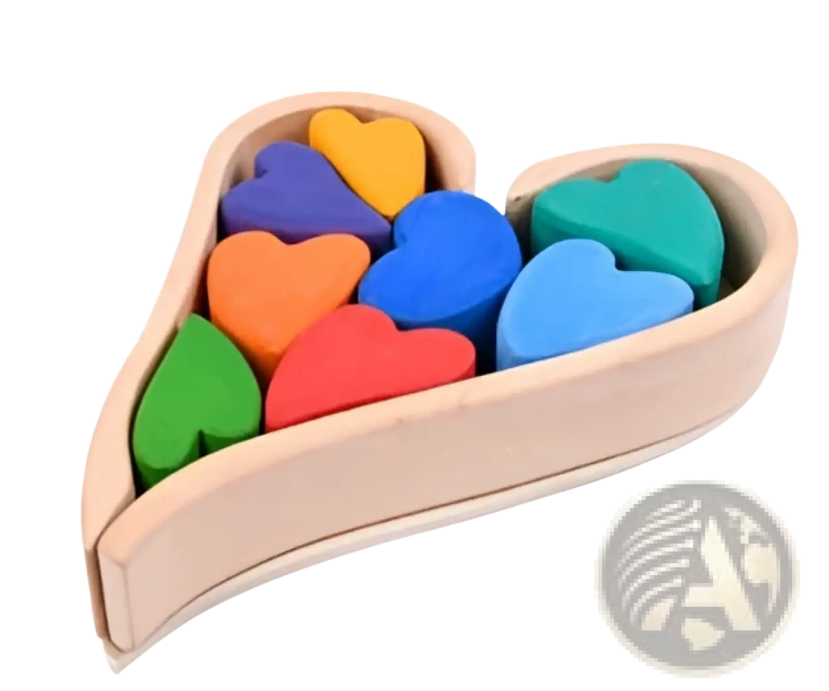 A heart-shaped wooden box filled with colorful rubbery erasers alongside a rainbow wooden stacking arch bridge puzzle toy