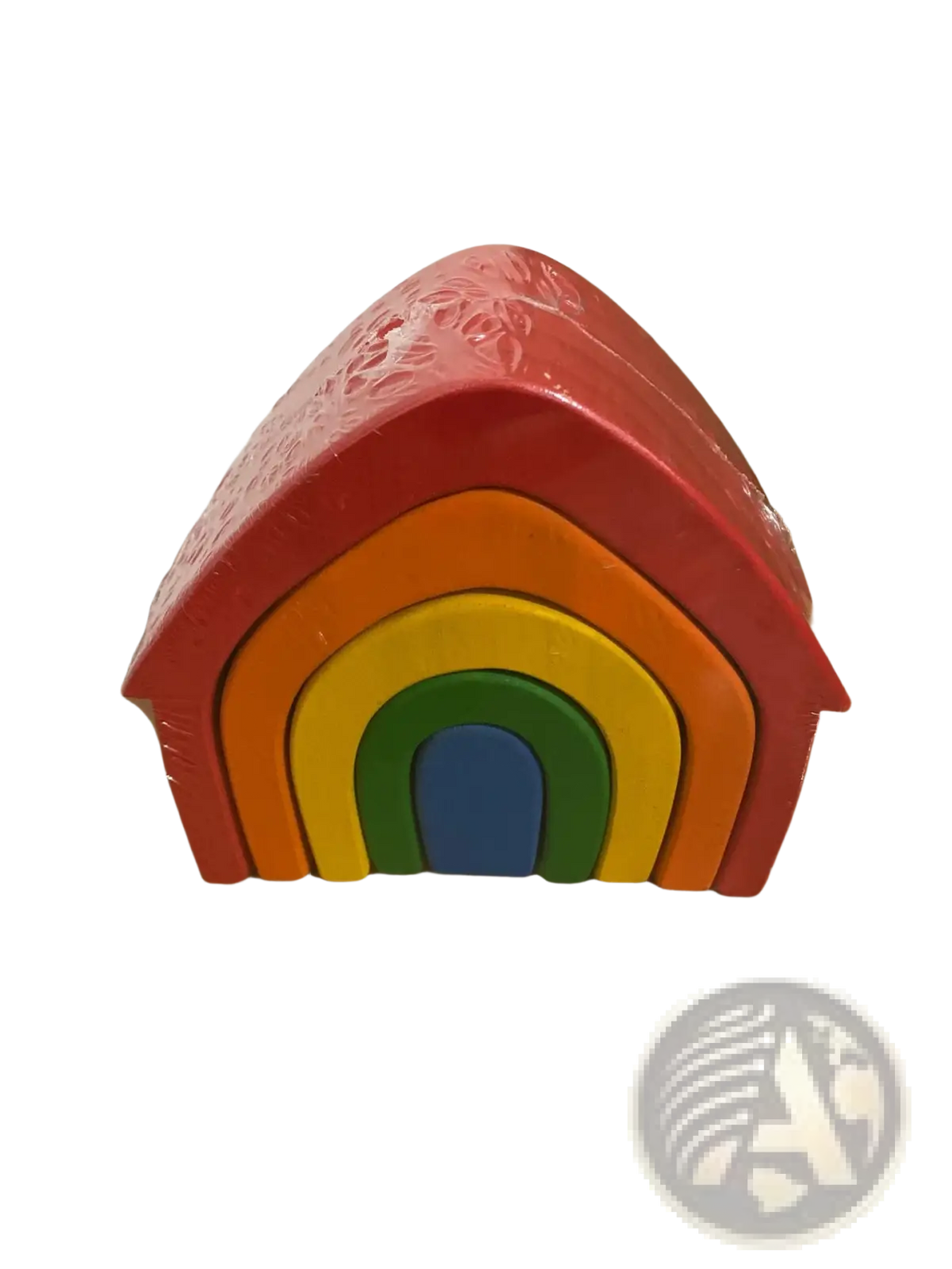 Rainbow wooden stacking arch bridge 12 piece puzzle toy with red roof and blue door made of colorful wood
