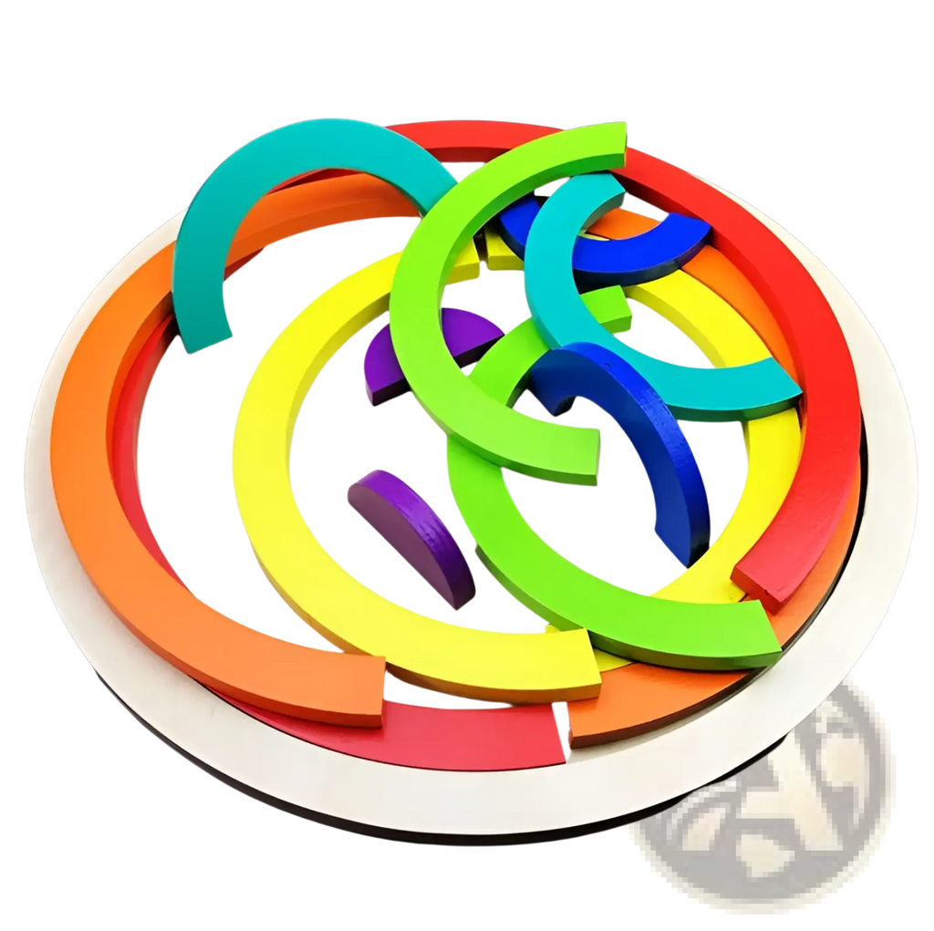 A vibrant rainbow wooden stacking arch bridge 12 piece puzzle toy arranged in a circular pattern on a light wood base