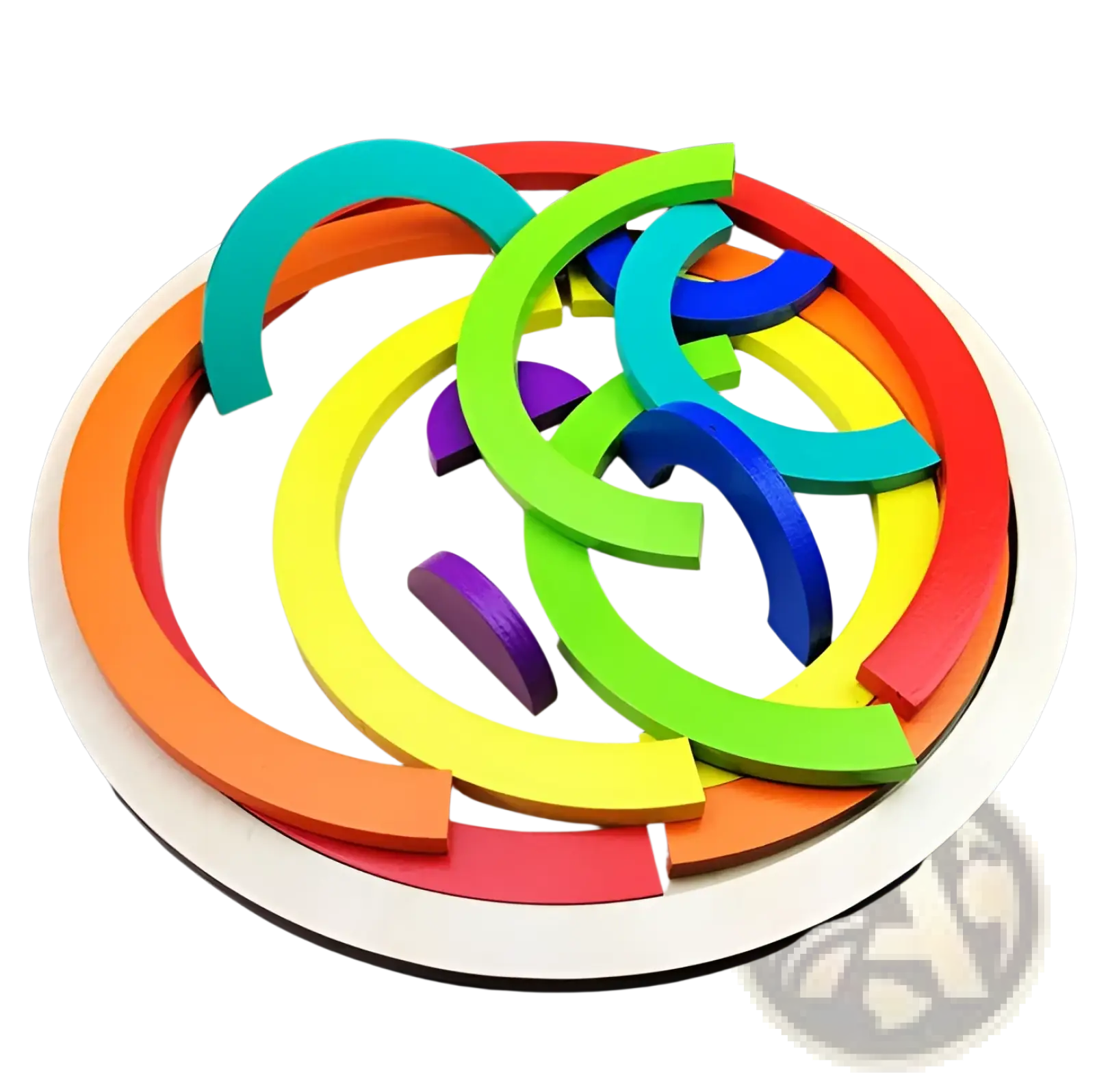 A vibrant rainbow wooden stacking arch bridge 12 piece puzzle toy arranged in a circular pattern on a light wood base