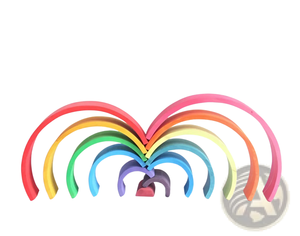 Rainbow wooden stacking arch bridge 12 piece puzzle toy featuring rainbow-colored wooden arches in a heart-shaped arrangement