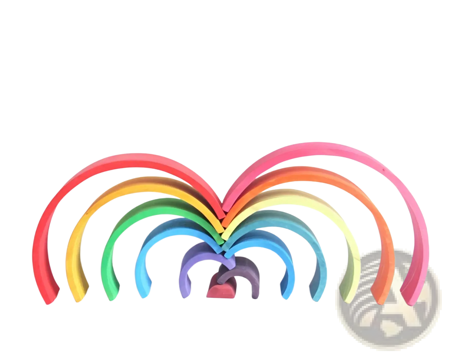 Rainbow wooden stacking arch bridge 12 piece puzzle toy featuring rainbow-colored wooden arches in a heart-shaped arrangement