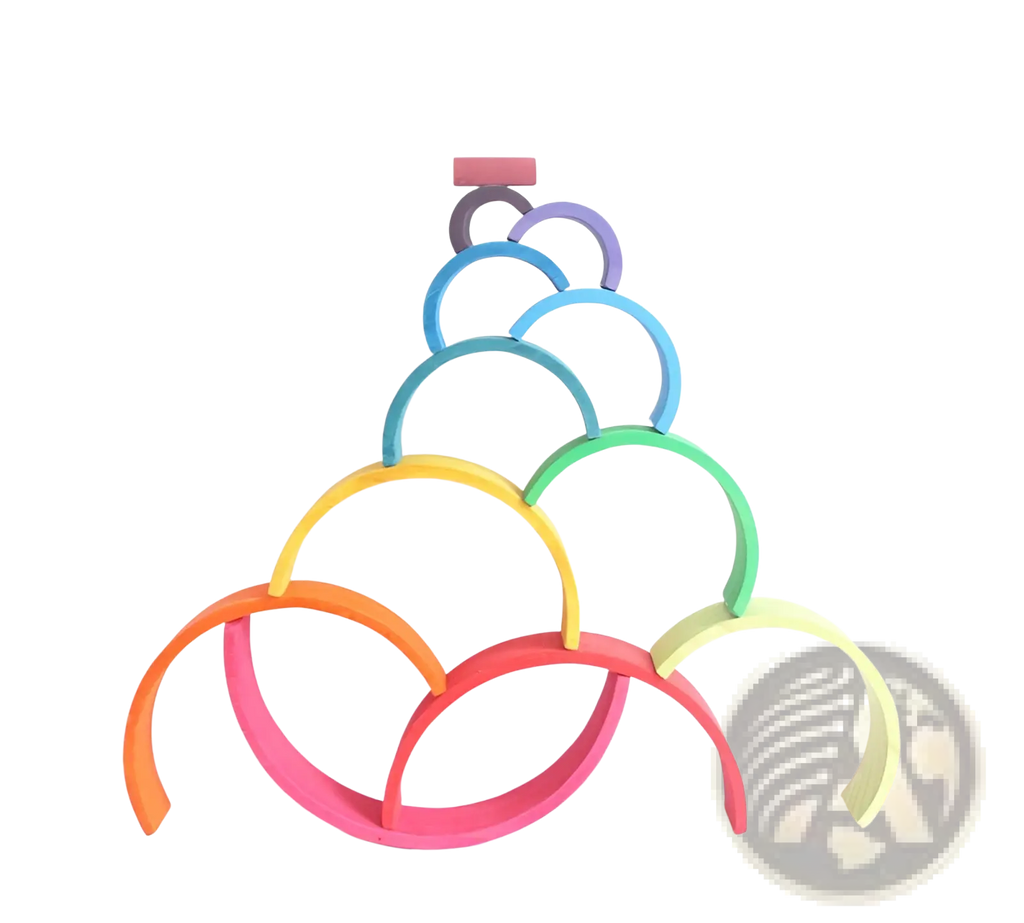 Rainbow wooden stacking arch bridge 12 piece puzzle toy featuring colorful wooden arches stacked in a pyramid formation