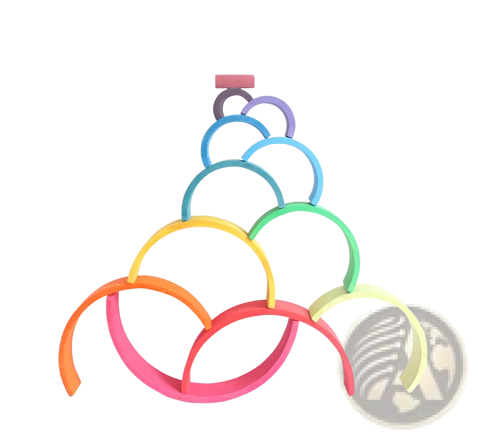Rainbow wooden stacking arch bridge 12 piece puzzle toy featuring colorful wooden arches stacked in a pyramid formation
